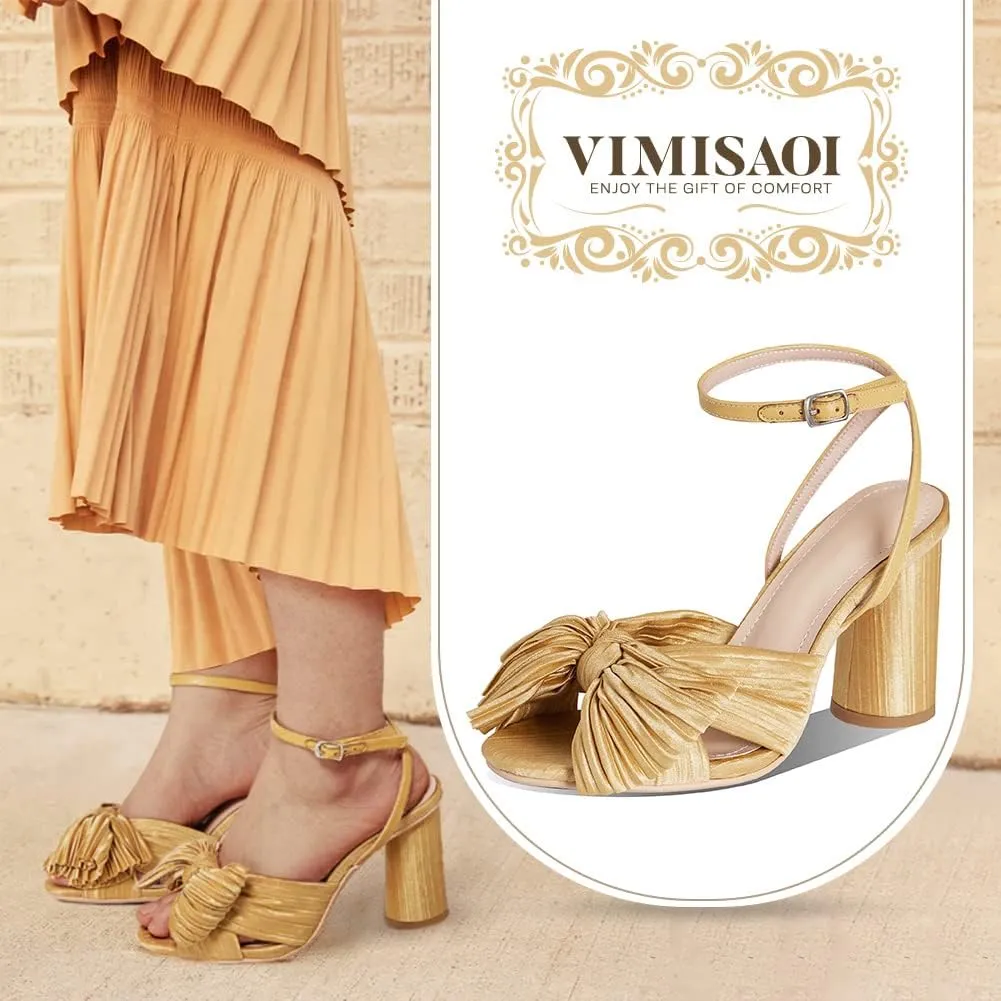 VIMISAOI Women's Bow Knot Heeled Sandals Open Toe High Block Chunky Heels Ankle Buckle Strap Pleated Bride Wedding Party Dress Shoes