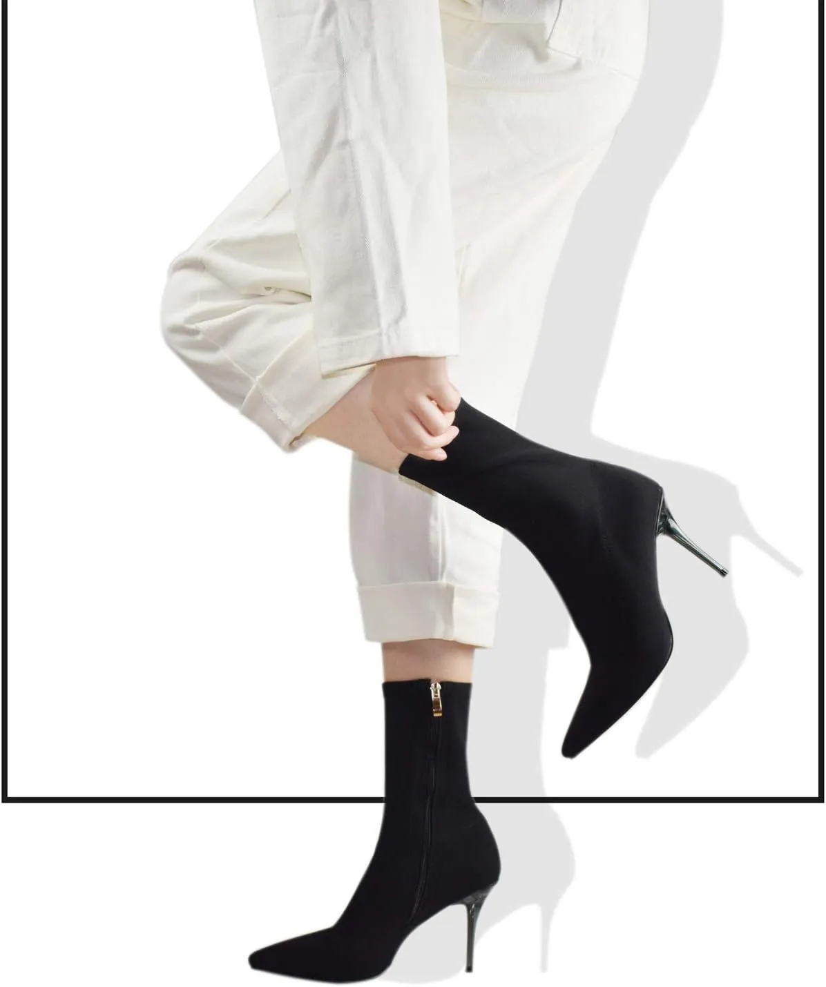 vivianly Stretch Pointed Toe Sock Booties Mid-Calf Ankle Boot Stiletto Heel Boots for Women