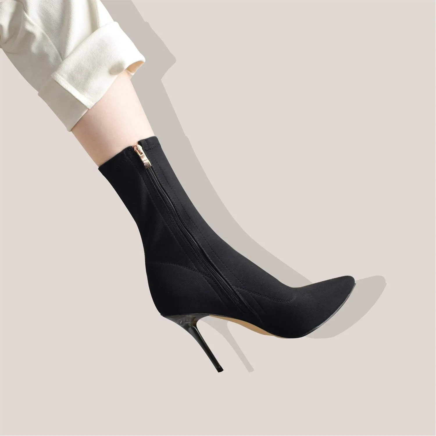 vivianly Stretch Pointed Toe Sock Booties Mid-Calf Ankle Boot Stiletto Heel Boots for Women