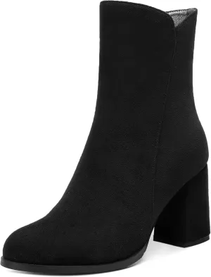 WAYDERNS Womens Dress Round Toe Zip Suede Outdoor Chunky High Heel Ankle High Boots 3.3 Inch