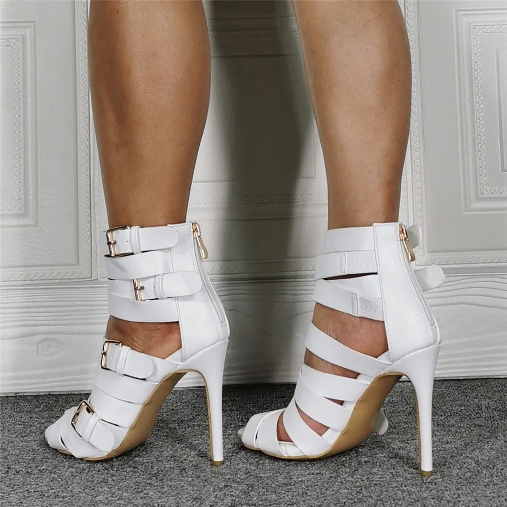 White Buckle Sandals Sexy Stiletto High Heels Sandals Pointed Toe Shoes