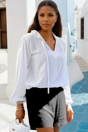 White V Neck Long Sleeve Blouse