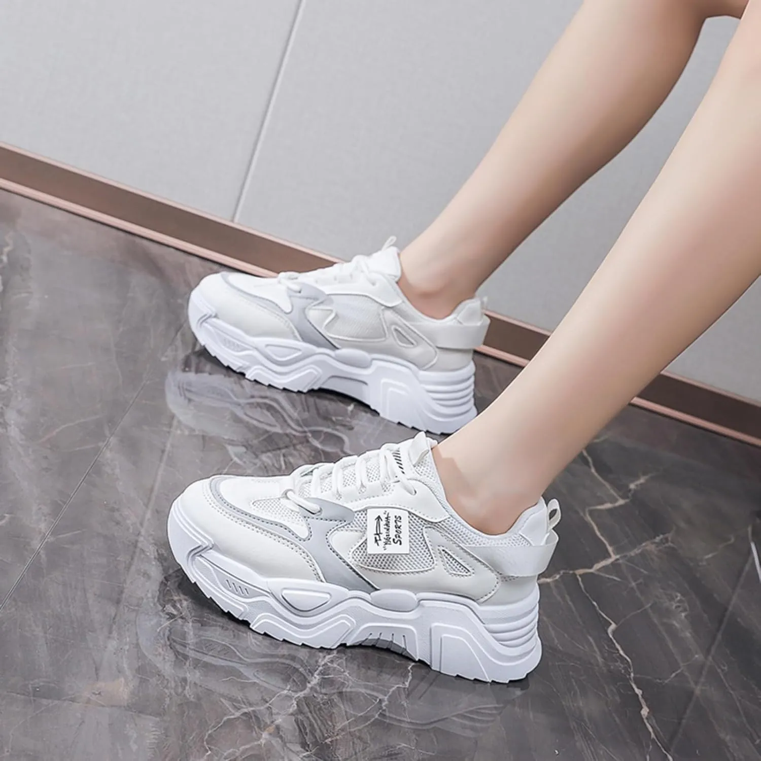 Womens Fashion Lace-Up Leather Platform Sneakers Round Toe Non-Slip Chunky Casual Sport Shoes for Walking Workout Driving