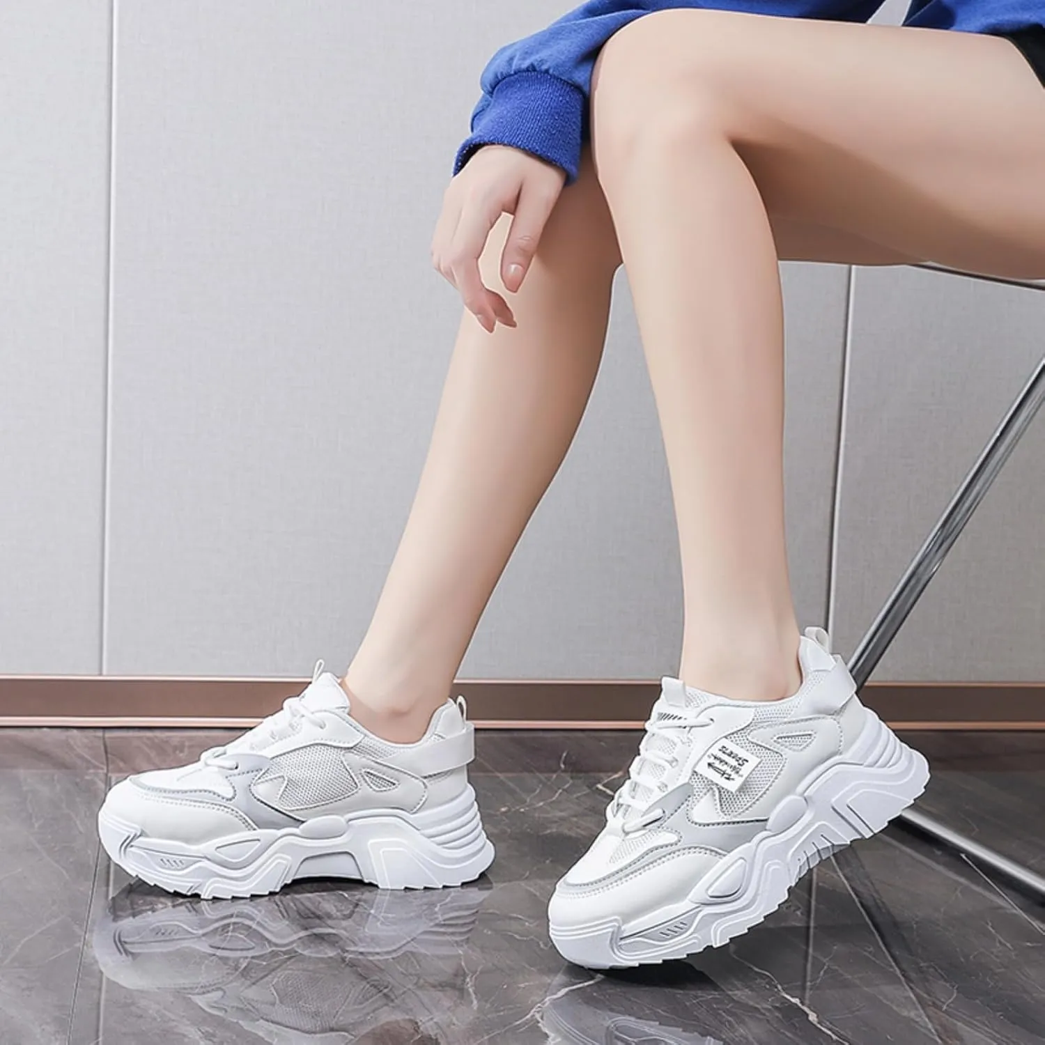 Womens Fashion Lace-Up Leather Platform Sneakers Round Toe Non-Slip Chunky Casual Sport Shoes for Walking Workout Driving