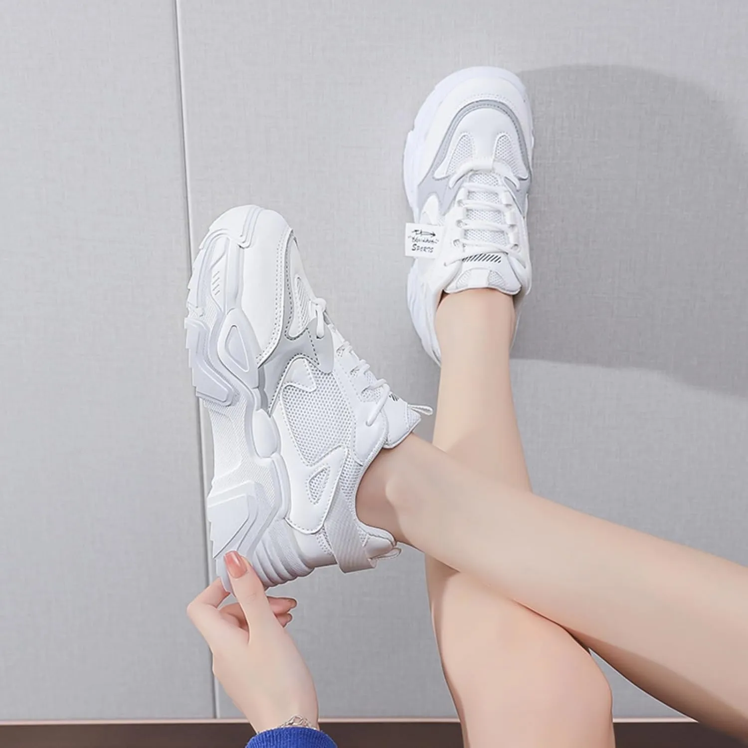Womens Fashion Lace-Up Leather Platform Sneakers Round Toe Non-Slip Chunky Casual Sport Shoes for Walking Workout Driving