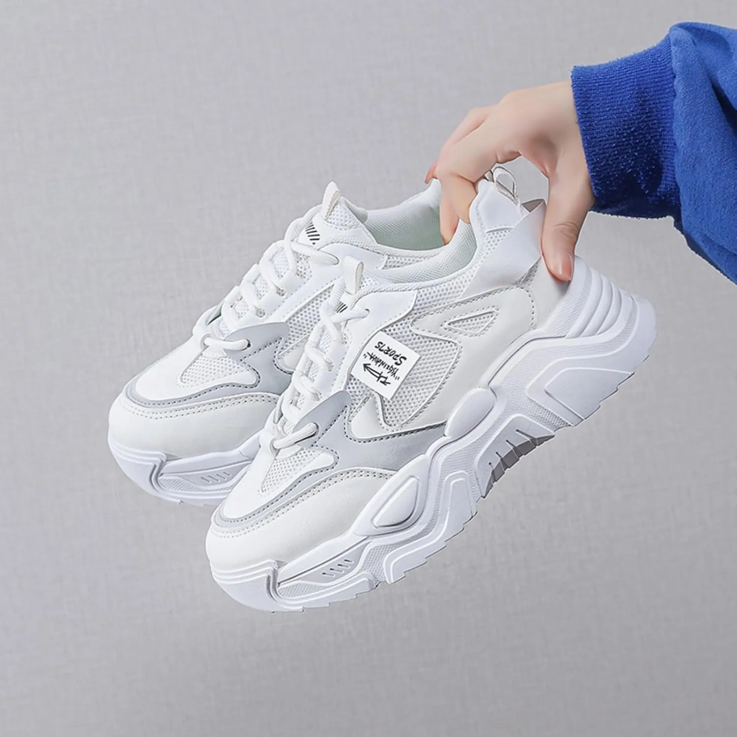 Womens Fashion Lace-Up Leather Platform Sneakers Round Toe Non-Slip Chunky Casual Sport Shoes for Walking Workout Driving