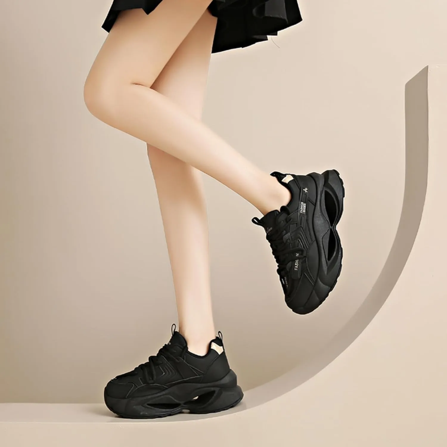 Womens Fashion Leather Lace-Up Platform Sneakers Round Toe Non-Slip Chunky Sport Casual Shoes for Walking Workout Driving