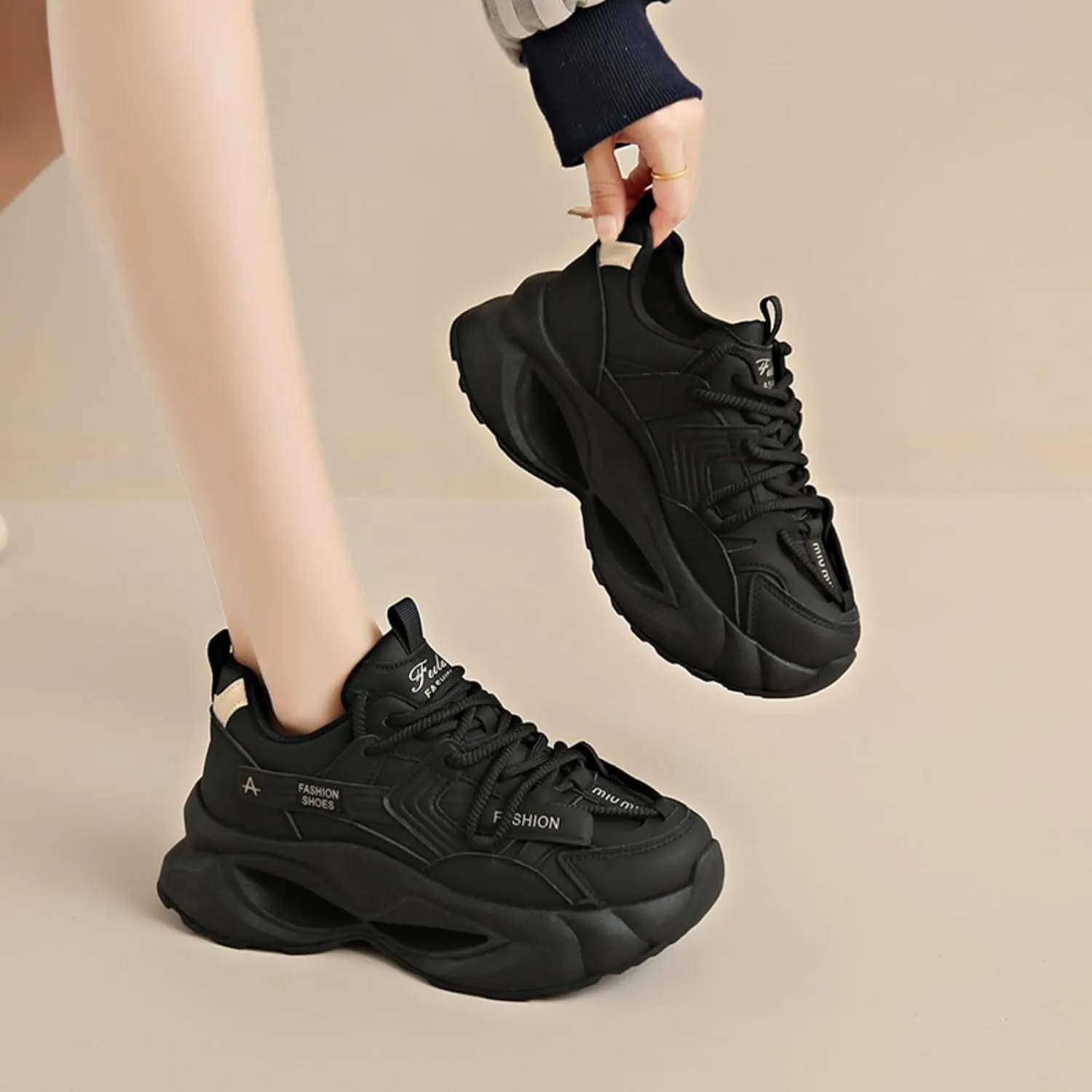 Womens Fashion Leather Lace-Up Platform Sneakers Round Toe Non-Slip Chunky Sport Casual Shoes for Walking Workout Driving