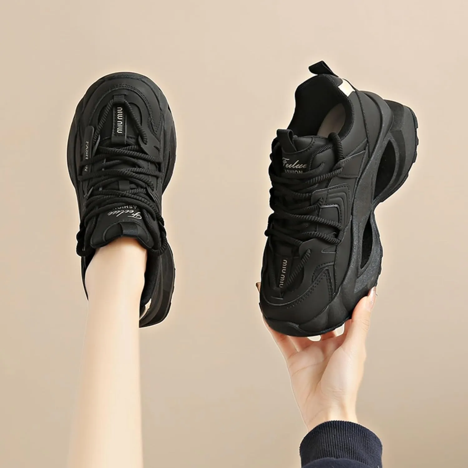 Womens Fashion Leather Lace-Up Platform Sneakers Round Toe Non-Slip Chunky Sport Casual Shoes for Walking Workout Driving