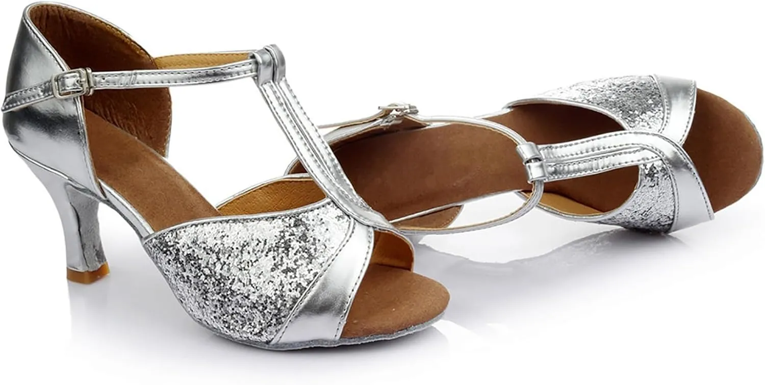 Women's Latin Dance Shoes Ballroom Performance Practice Dancing Shoes Sandal with Strap