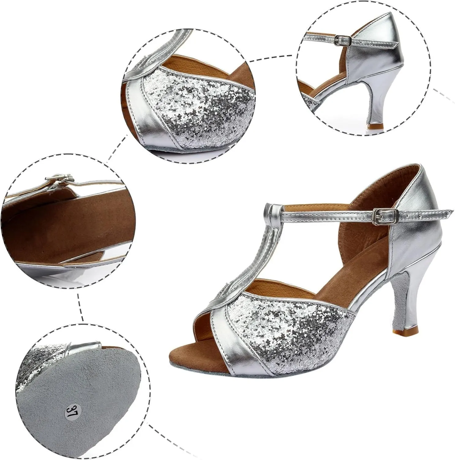Women's Latin Dance Shoes Ballroom Performance Practice Dancing Shoes Sandal with Strap