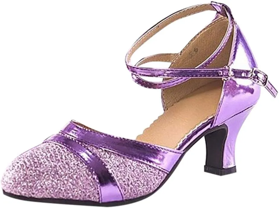 Women's Middle Heels Latin Ballroom Dance Shoes Low Chunky Block Closed Toe Pump Comfortable Elegant Wedding Shoes