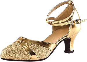 Women's Middle Heels Latin Ballroom Dance Shoes Low Chunky Block Closed Toe Pump Comfortable Elegant Wedding Shoes