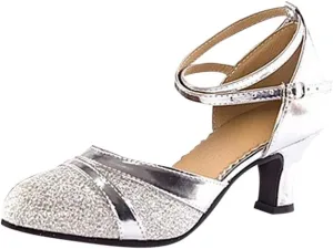 Women's Middle Heels Latin Ballroom Dance Shoes Low Chunky Block Closed Toe Pump Comfortable Elegant Wedding Shoes