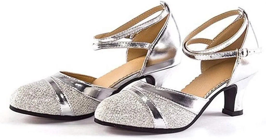 Women's Middle Heels Latin Ballroom Dance Shoes Low Chunky Block Closed Toe Pump Comfortable Elegant Wedding Shoes