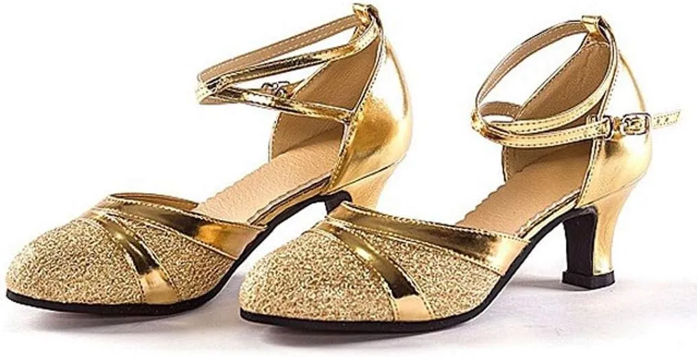 Women's Middle Heels Latin Ballroom Dance Shoes Low Chunky Block Closed Toe Pump Comfortable Elegant Wedding Shoes