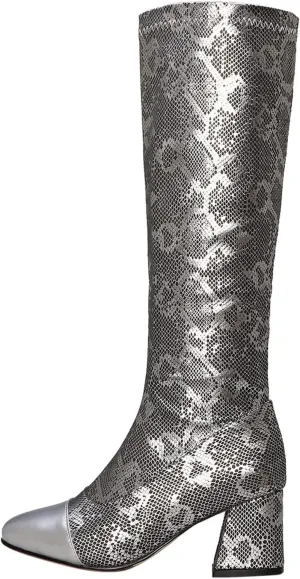 Womens Square Toe Chunky Boots - Fashion Snake Pattern Print Pointed Toe Side Zip Knee High Boots Trendy Casual Ladies Square High Heel Shoes