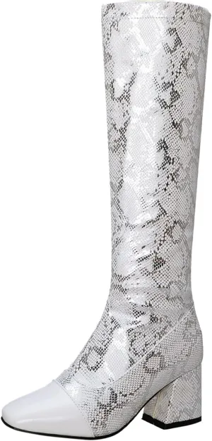 Womens Square Toe Chunky Boots - Fashion Snake Pattern Print Pointed Toe Side Zip Knee High Boots Trendy Casual Ladies Square High Heel Shoes