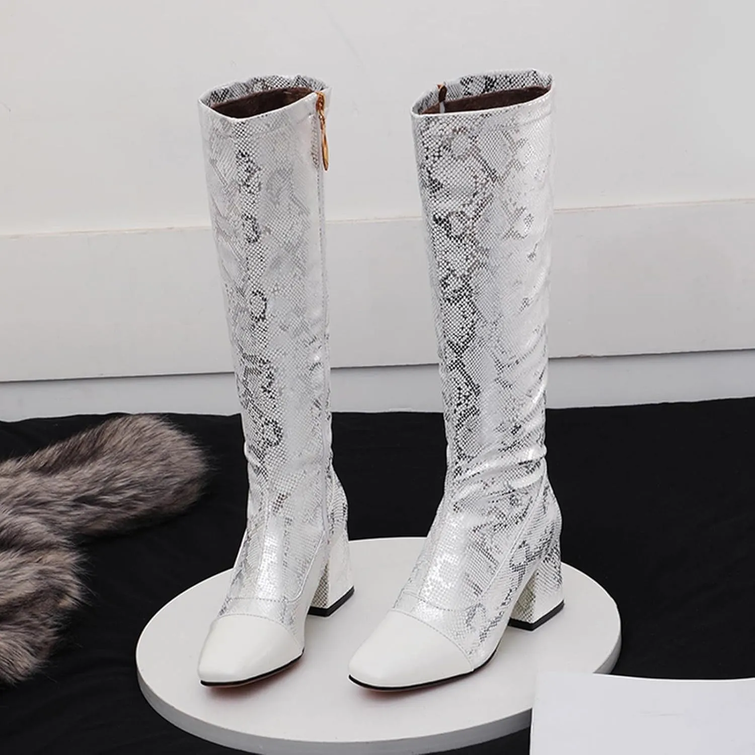 Womens Square Toe Chunky Boots - Fashion Snake Pattern Print Pointed Toe Side Zip Knee High Boots Trendy Casual Ladies Square High Heel Shoes