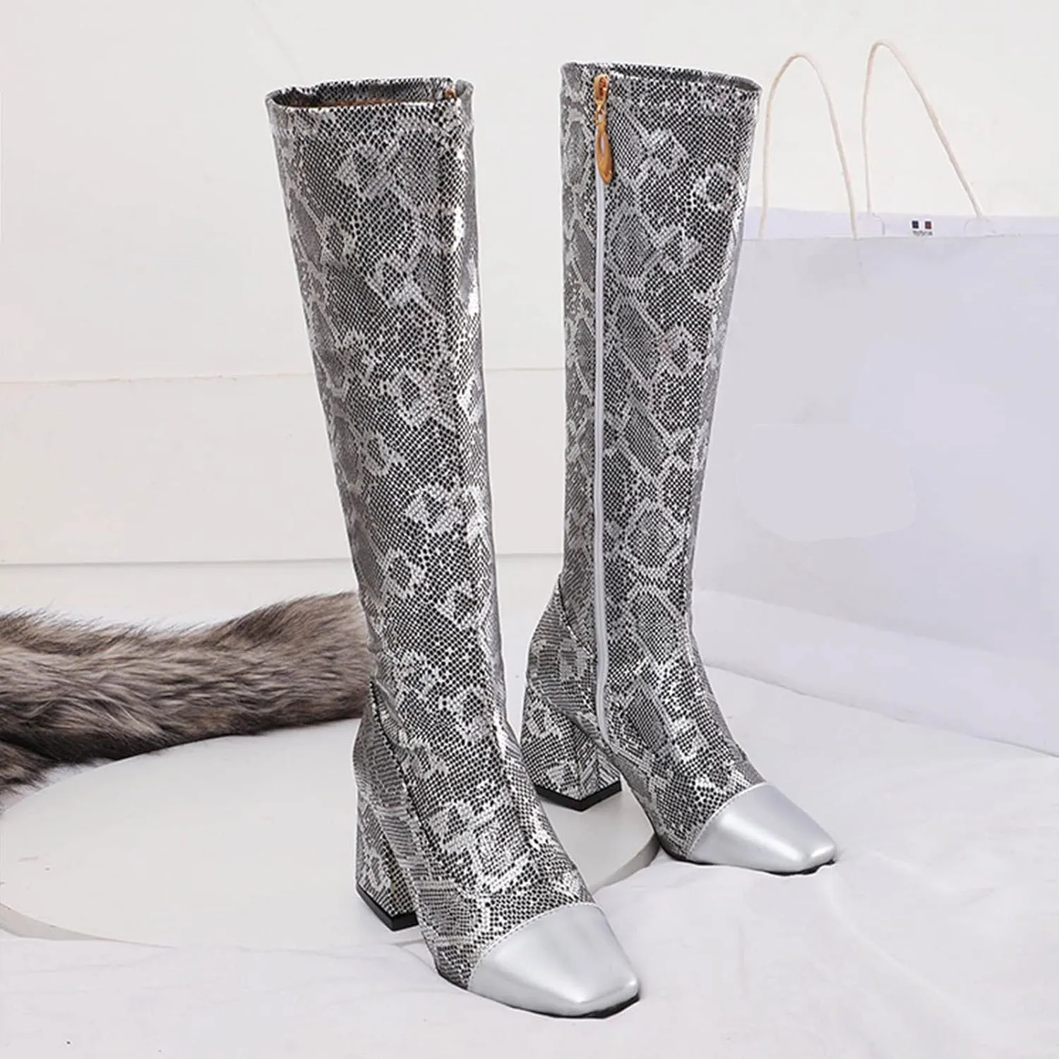 Womens Square Toe Chunky Boots - Fashion Snake Pattern Print Pointed Toe Side Zip Knee High Boots Trendy Casual Ladies Square High Heel Shoes