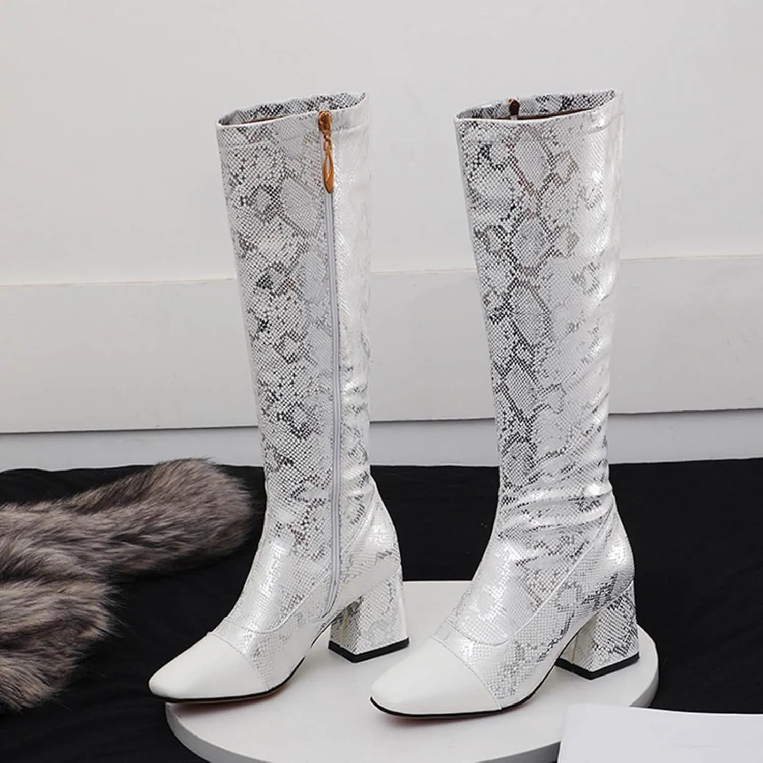 Womens Square Toe Chunky Boots - Fashion Snake Pattern Print Pointed Toe Side Zip Knee High Boots Trendy Casual Ladies Square High Heel Shoes