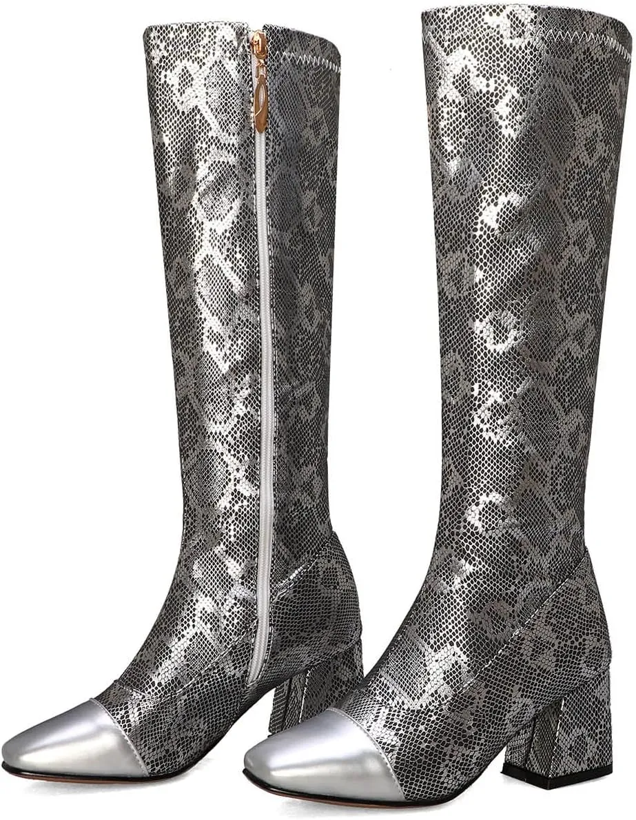 Womens Square Toe Chunky Boots - Fashion Snake Pattern Print Pointed Toe Side Zip Knee High Boots Trendy Casual Ladies Square High Heel Shoes